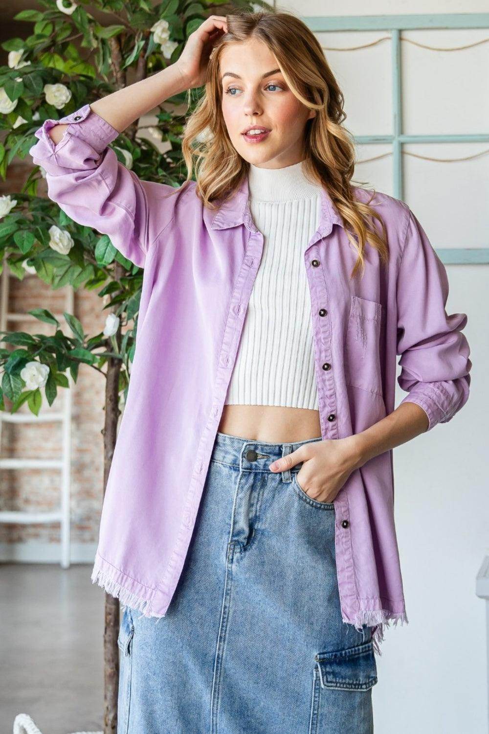 Veveret Raw Hem Button Up Long Sleeve Shirt for Women - Selvanelle