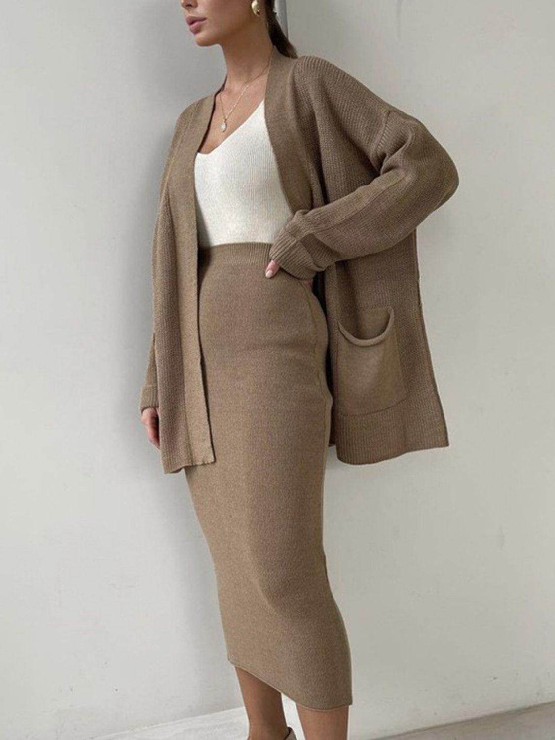 Pocketed Long Sleeve Cardigan and Skirt Sweater Set - Selvanelle