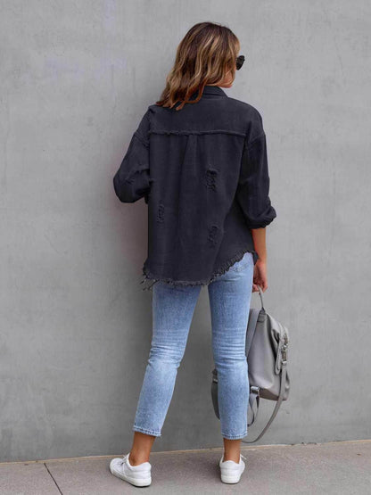 Distressed Drop Shoulder Denim Jacket for Casual Style - Selvanelle