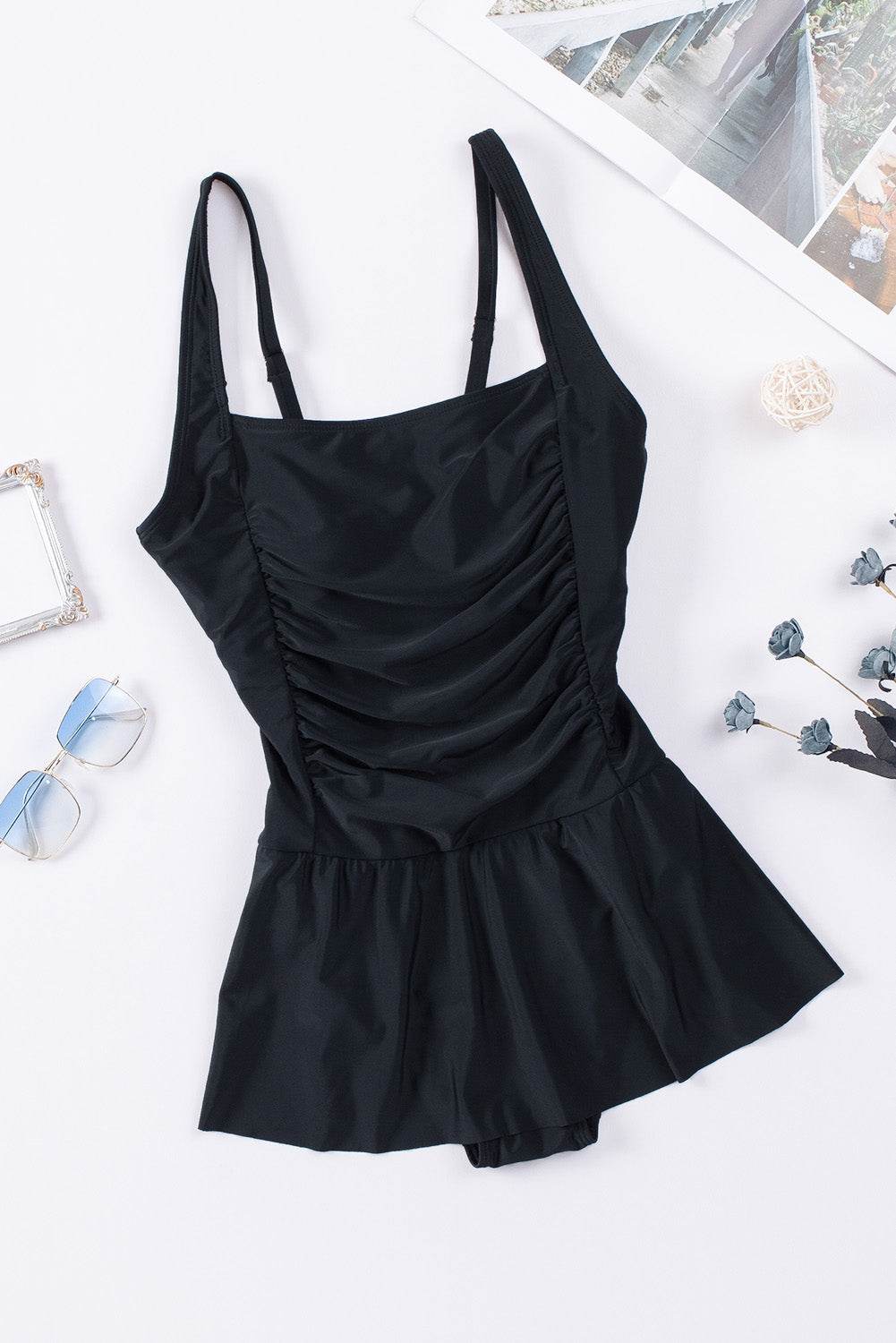 Ruched Square Neck Sleeveless One-Piece Swimwear - Selvanelle