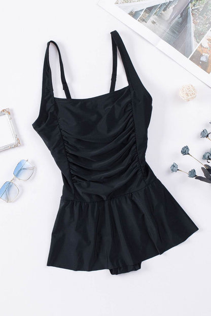 Ruched Square Neck Sleeveless One-Piece Swimwear - Selvanelle