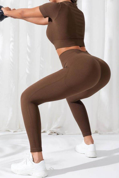 V-Neck Crop Top and High Waistband Long Active Pants - Selvanelle