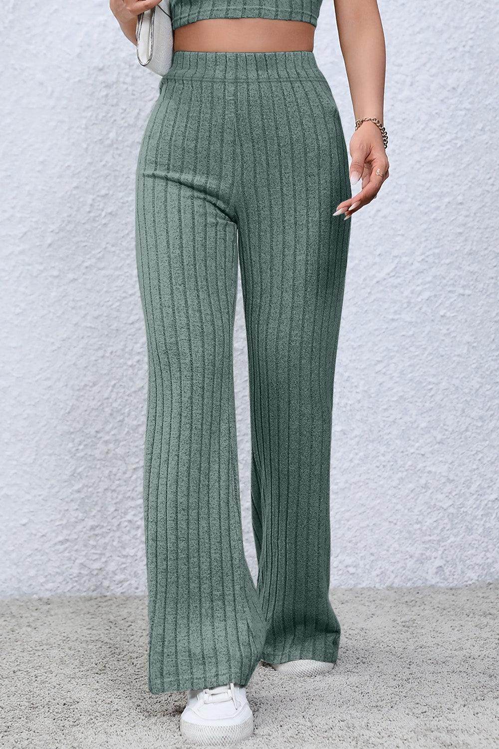Basic Bae Full Size Ribbed High Waist Flare Pants for Women - Selvanelle