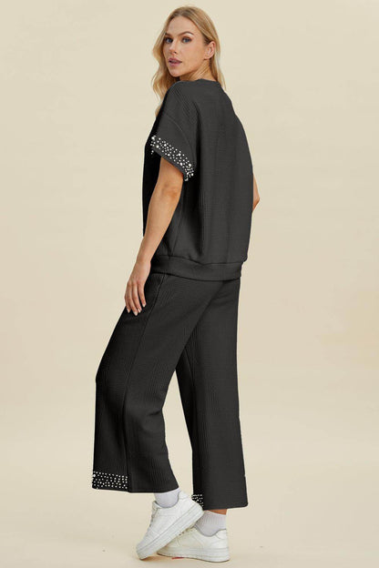 Double Take Full Size Pearl Detail Round Neck Top Pants Set - Selvanelle