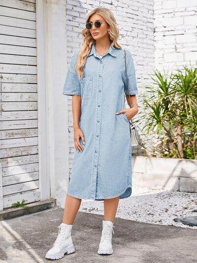 Button Up Dropped Shoulder Denim Dress for Casual Style - Selvanelle