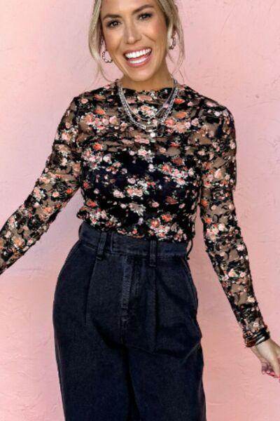 Floral Round Neck Long Sleeve Blouse for Women Fashion - Selvanelle