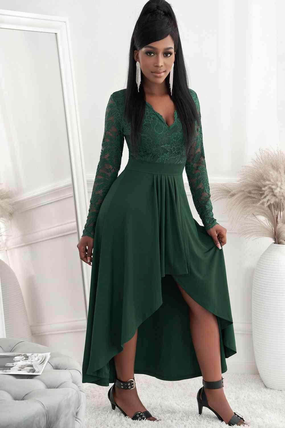 Lace High-Low V-Neck Dress for Elegant Evening Wear - Selvanelle