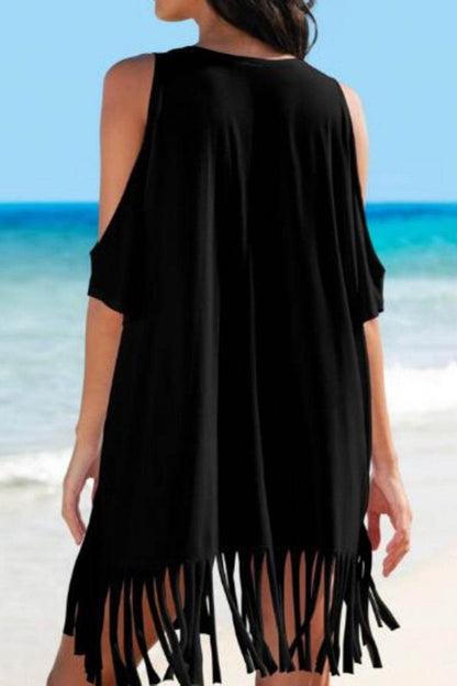 Fringe V-Neck Cold Shoulder Cover Up - Selvanelle