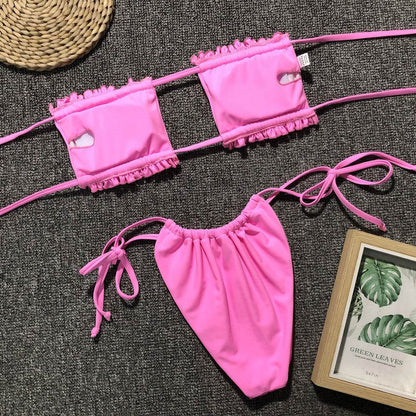 Frill Trim Ruched Bikini Set - Selvanelle