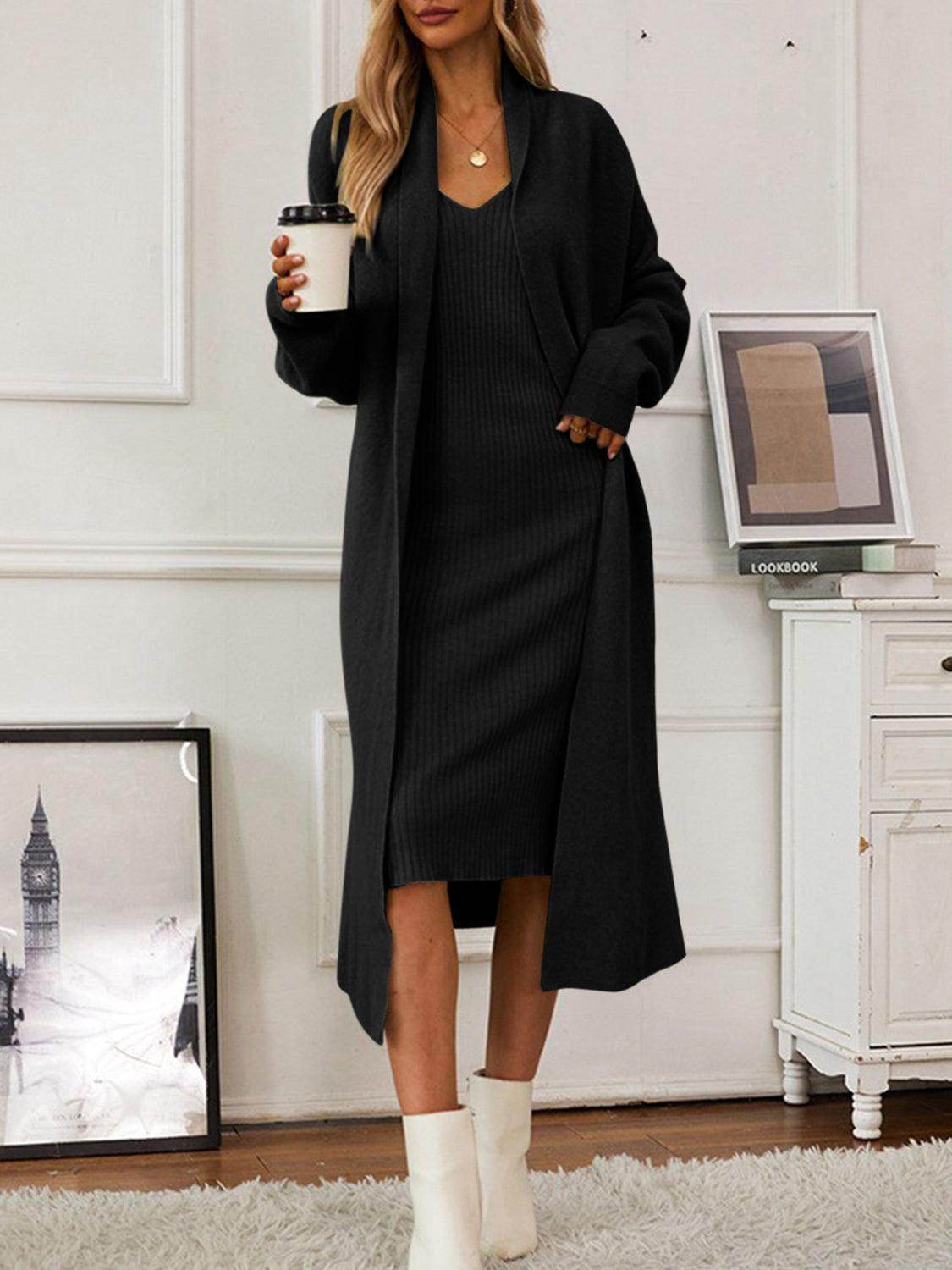 V-Neck Cami Dress and Open Front Cardigan Sweater Set - Selvanelle