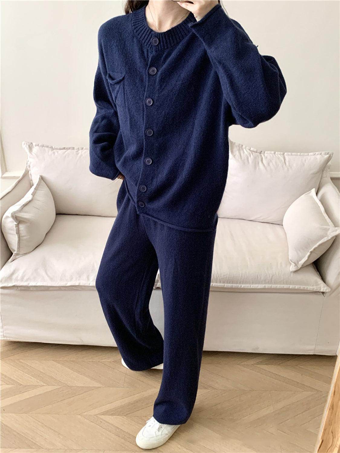 Pocketed Round Neck Button Up Cardigan and Pants Sweater Set - Selvanelle