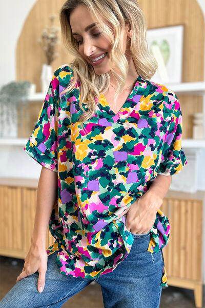 Double Take Full Size Printed V-Neck Short Sleeve Top - Selvanelle