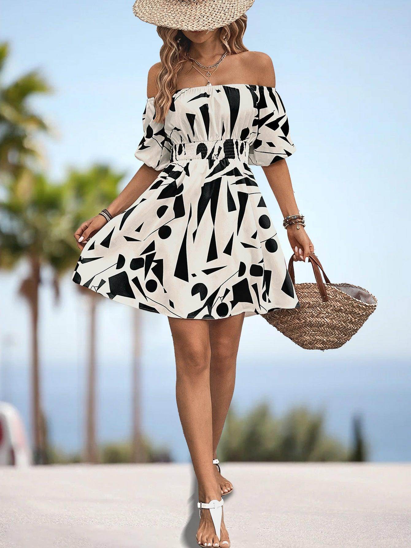 Printed Off-Shoulder Smocked Waist Dress for Women - Selvanelle