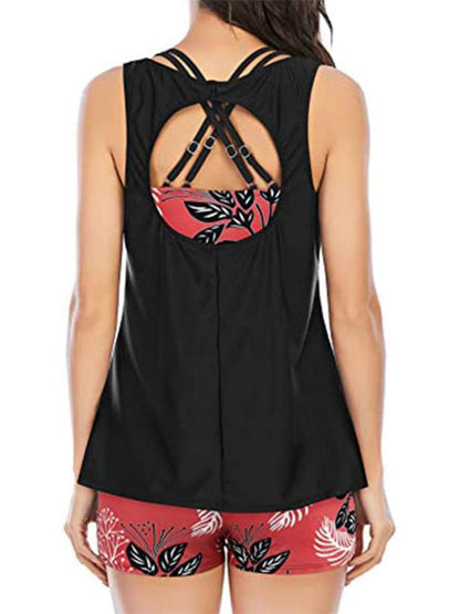 Cutout Printed Round Neck Three-Piece Swim Set - Selvanelle