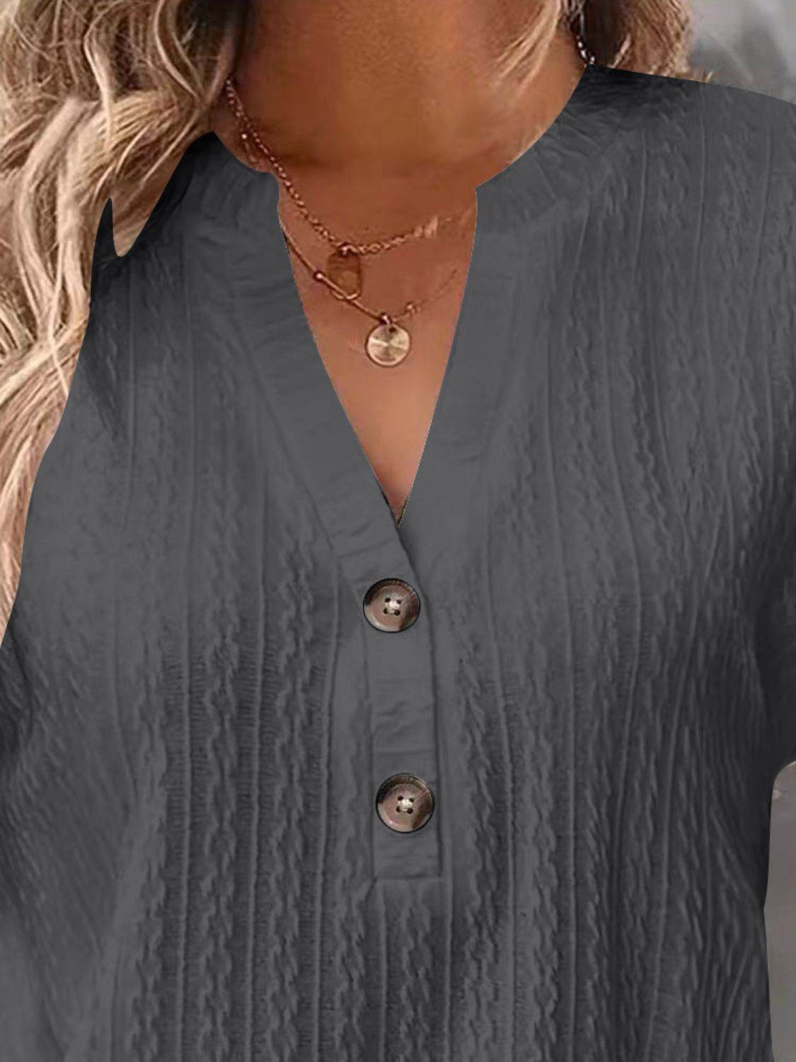 Textured Notched Short Sleeve Top - Selvanelle