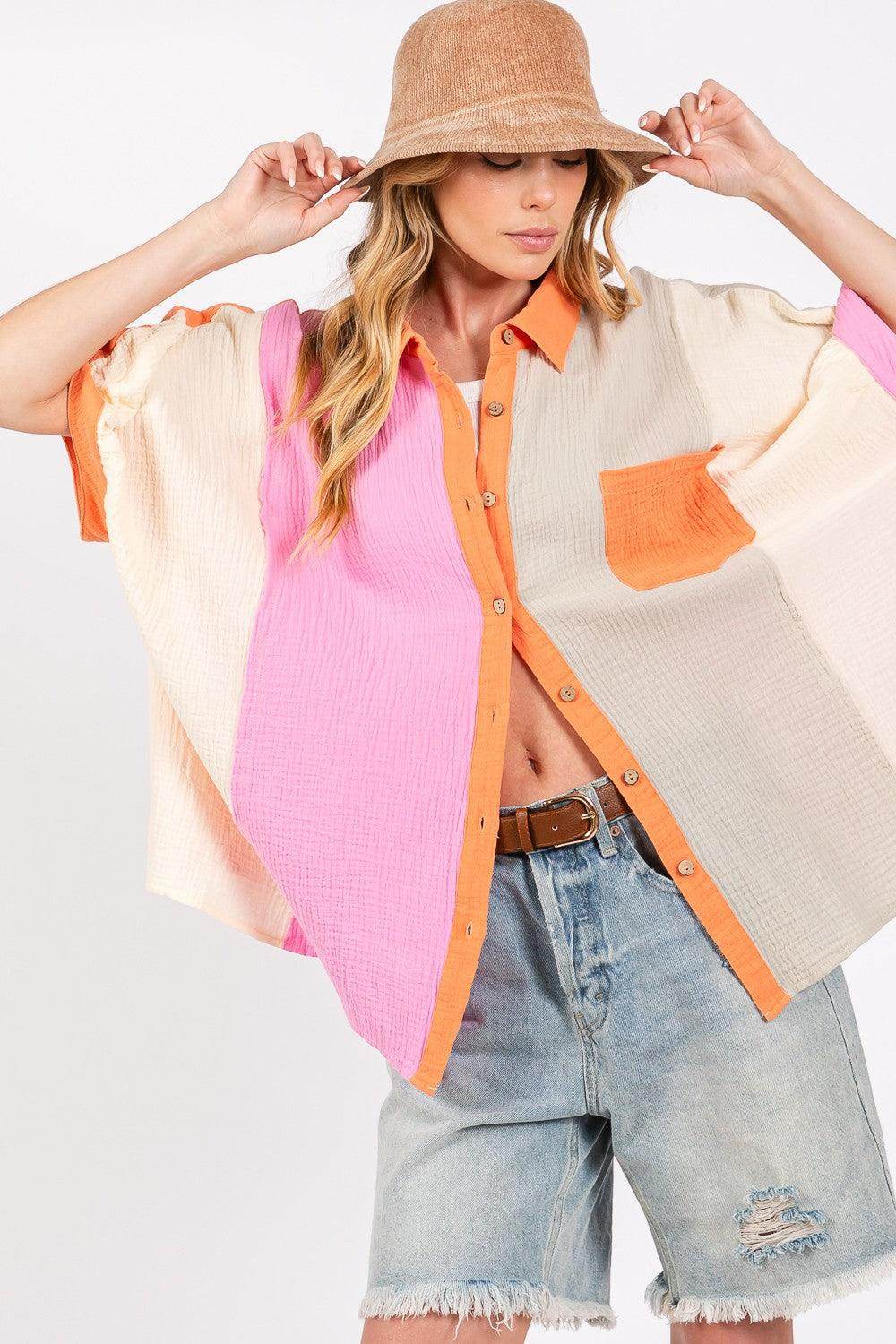 SAGE + FIG Full Size Color Block Button-Down Shirt for Women - Selvanelle