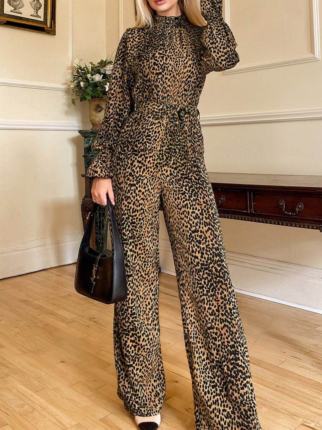 Leopard Flounce Sleeve Wide Leg Jumpsuit - Selvanelle