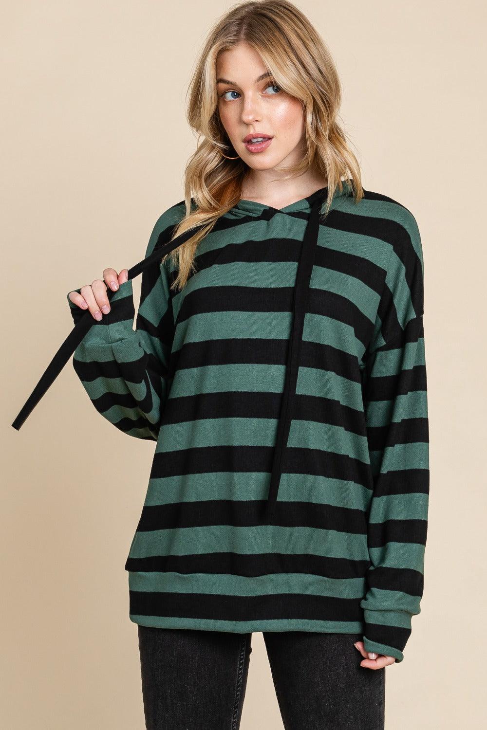 BOMBOM Drawstring Striped Dropped Shoulder Hoodie for Women