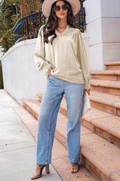 Lantern Sleeve Notched V Neck Ruched Blouse for Women - Selvanelle