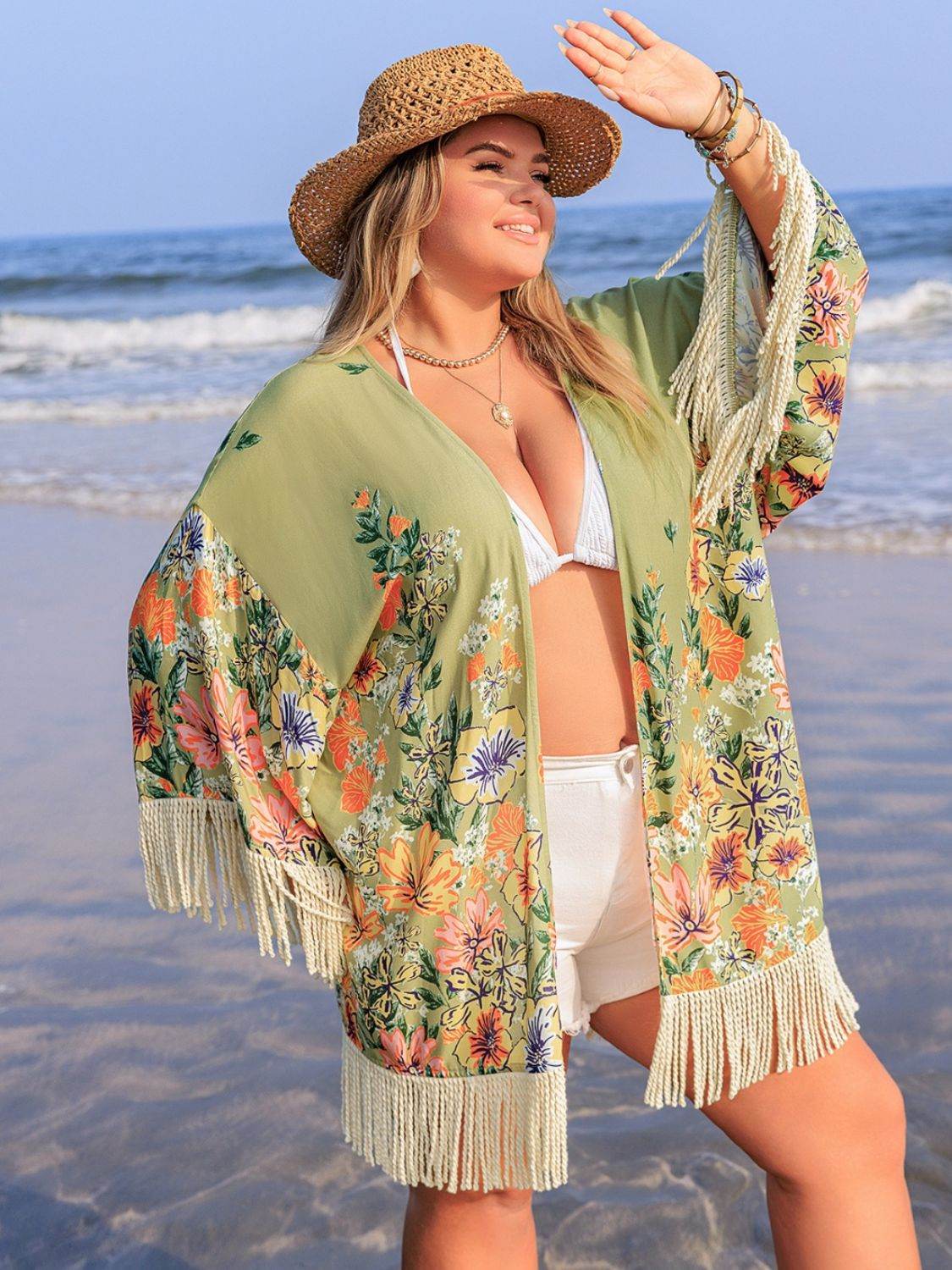 Plus Size Fringe Open Front Cover-Up - Selvanelle