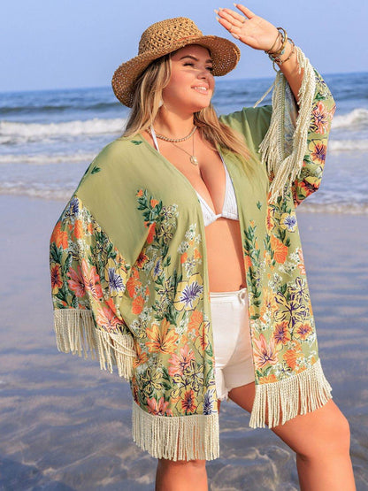 Plus Size Fringe Open Front Cover-Up - Selvanelle