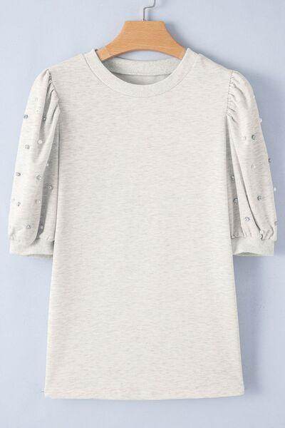 Rhinestone Pearl Detail Round Neck Puff Sleeve Top Women - Selvanelle