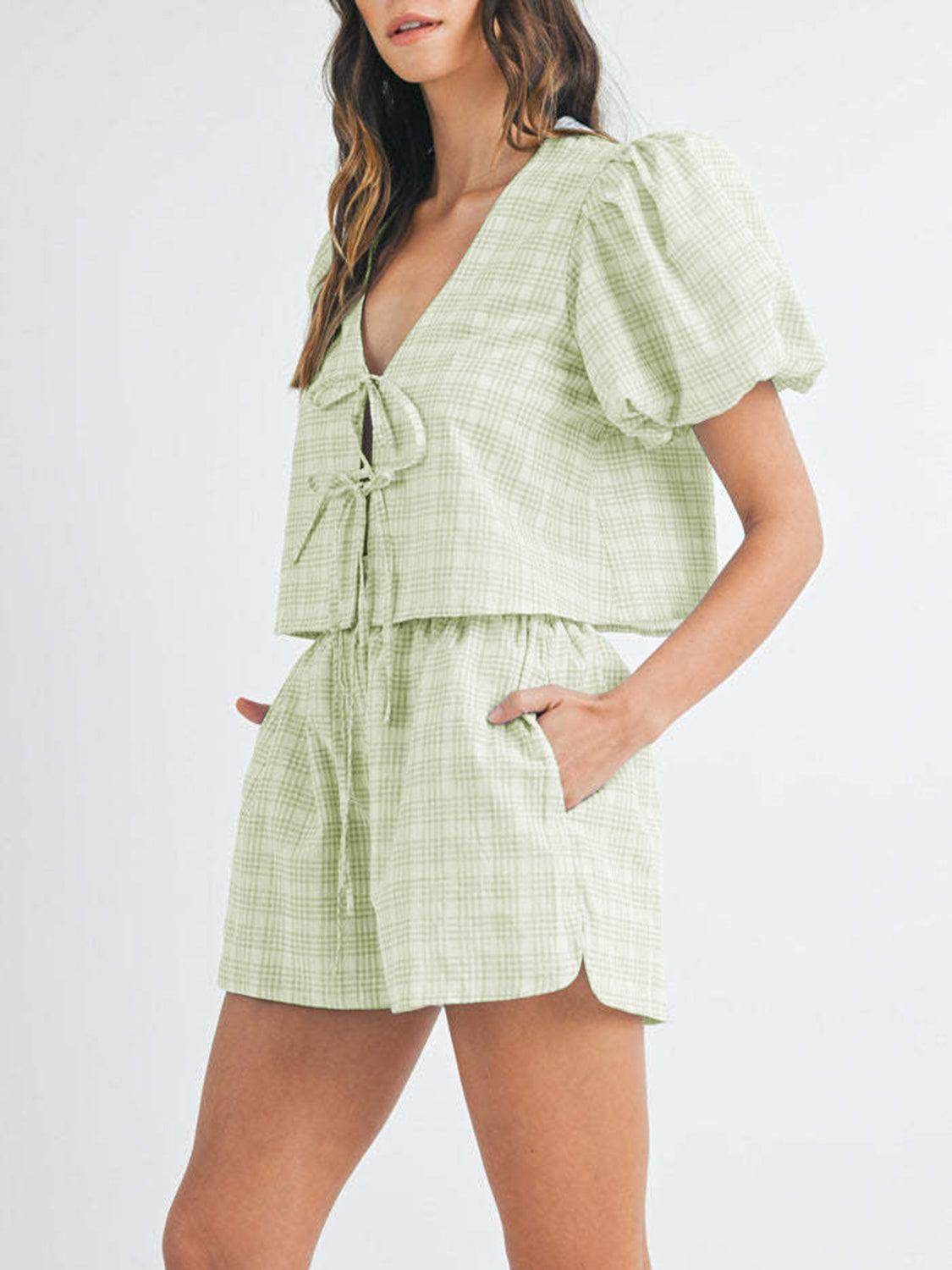 V-Neck Puff Sleeve Top and Shorts Set for Women Fashion - Selvanelle
