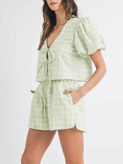 V-Neck Puff Sleeve Top and Shorts Set for Women Fashion - Selvanelle