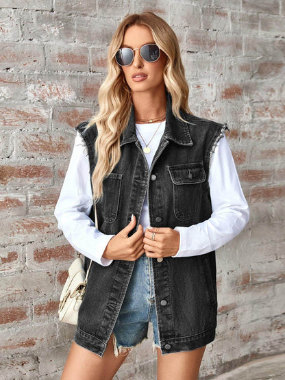 Raw Hem Sleeveless Button Up Denim Jacket for Women - Selvanelle