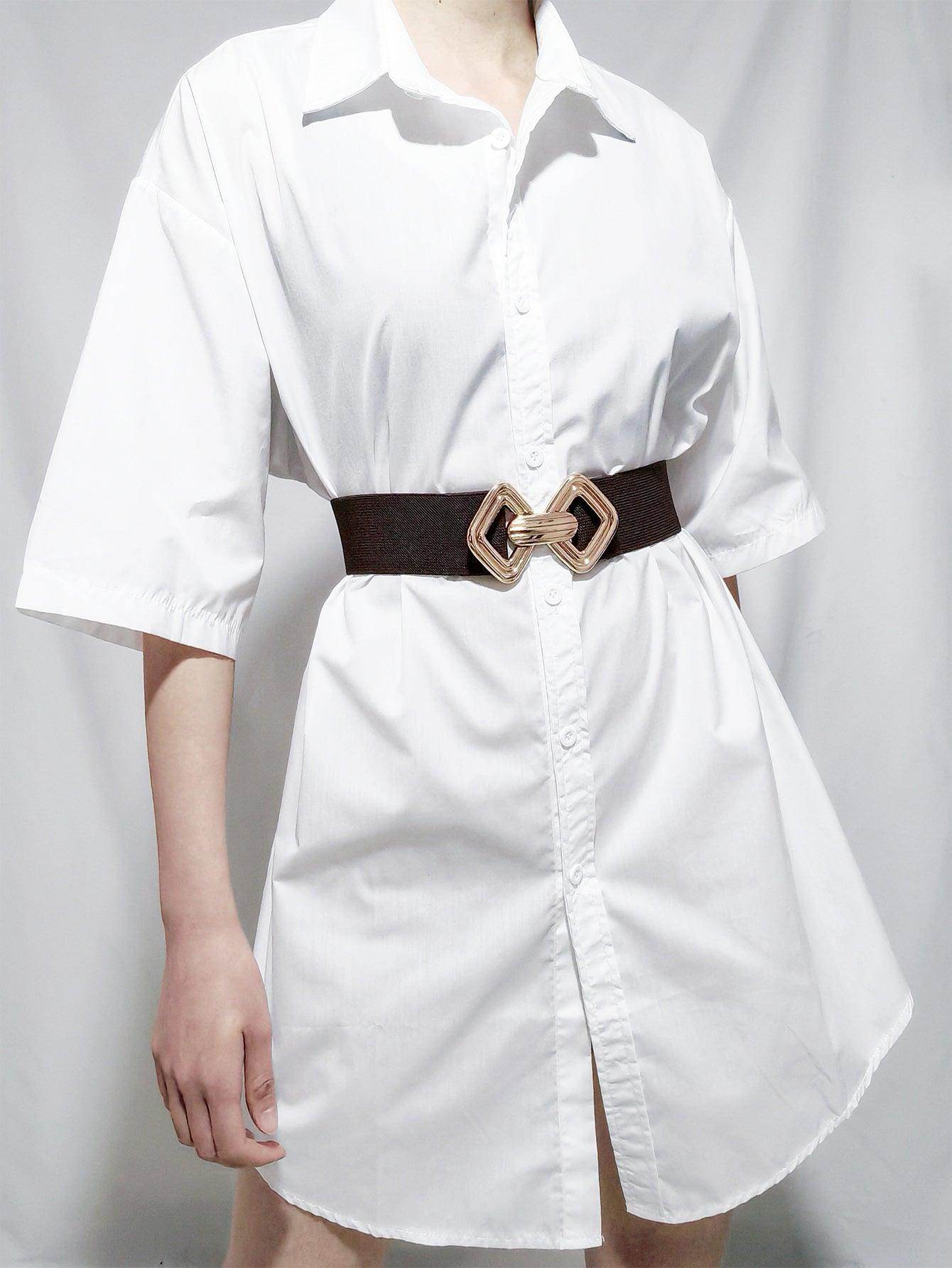 Geometric Buckle Elastic Wide Belt for Stylish Comfort - Selvanelle