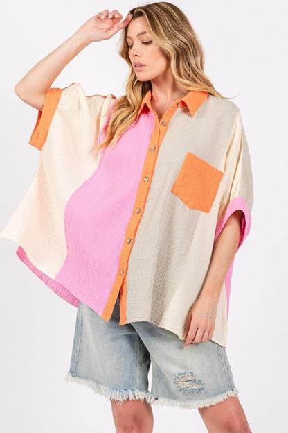 SAGE + FIG Full Size Color Block Button-Down Shirt for Women - Selvanelle