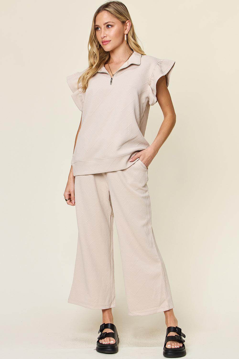 Double Take Texture Ruffle Short Sleeve Top and Pants Set - Selvanelle