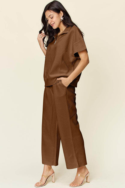 Double Take Full Size Texture Half Zip Short Sleeve Top Set - Selvanelle