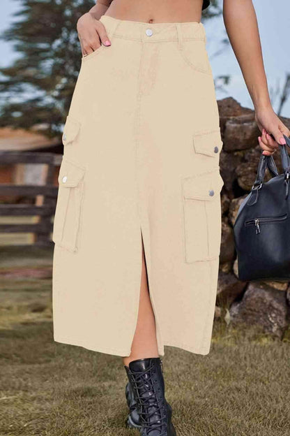 Slit Front Midi Denim Skirt with Pockets for Women - Selvanelle