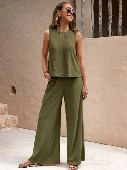 Stylish Round Neck Sleeveless Top and Wide Leg Pants Set - Selvanelle