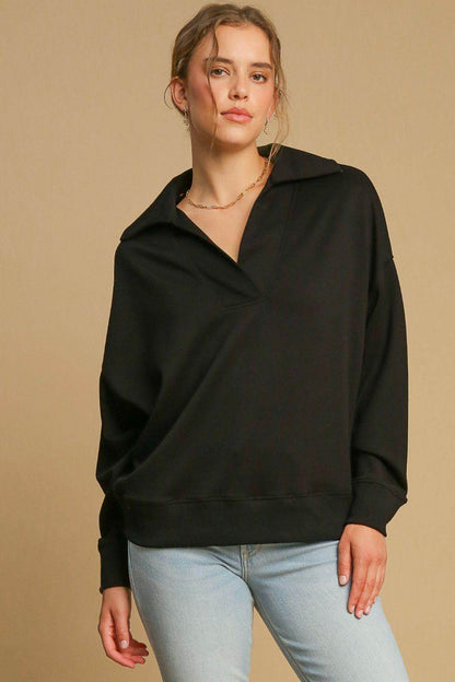 Umgee Johnny Collar Dropped Shoulder Sweatshirt for Women - Selvanelle
