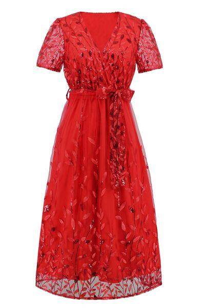 Sequin Leaf Embroidery Tie Front Short Sleeve Dress for Women - Selvanelle