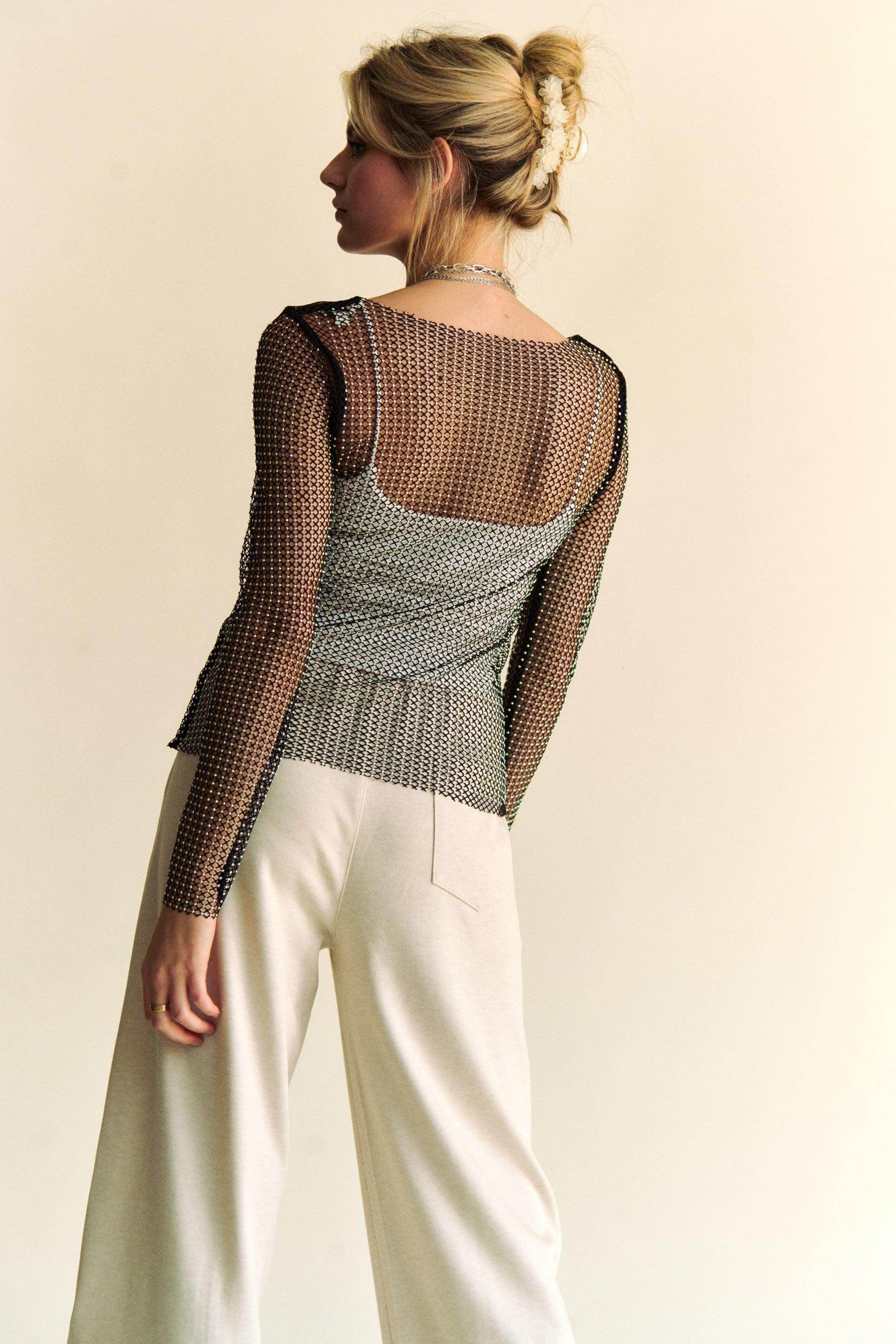 Davi & Dani Sparkling Rhinestone Sheer Mesh Round Neck Top - Selvanelle
