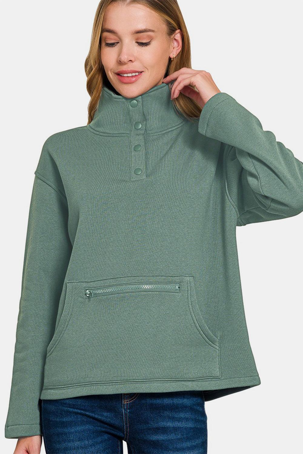 Zenana Turtleneck Half Snap Fleece Sweatshirt for Women