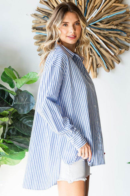 First Love Striped Button Down High-Low Hem Shirt for Women - Selvanelle