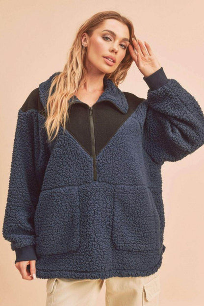 Aemi+Co Two Tone Half Zip Fleece Sweatshirt for Comfort - Selvanelle