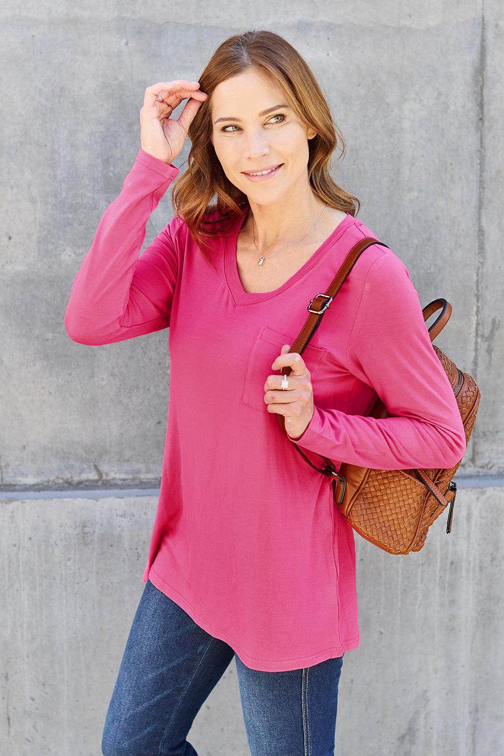 Basic Bae Full Size V-Neck Long Sleeve Top for Women - Selvanelle