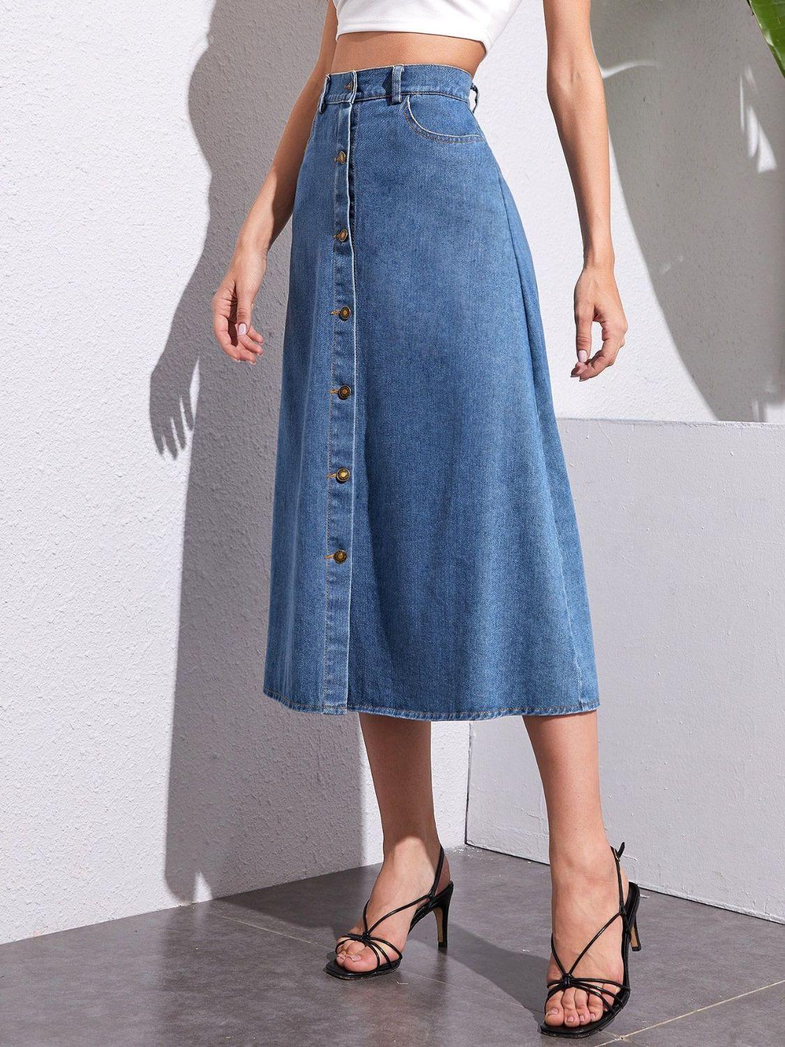 Buttoned Midi Denim Skirt with Pockets for Women