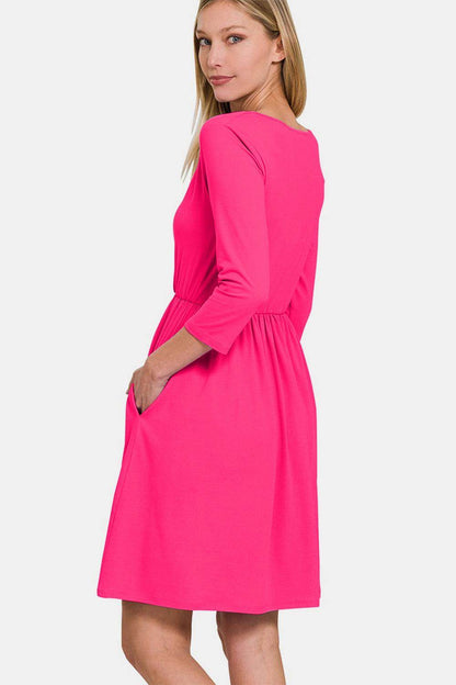 Zenana Three-Quarter Sleeve Surplice Dress with Pockets - Selvanelle