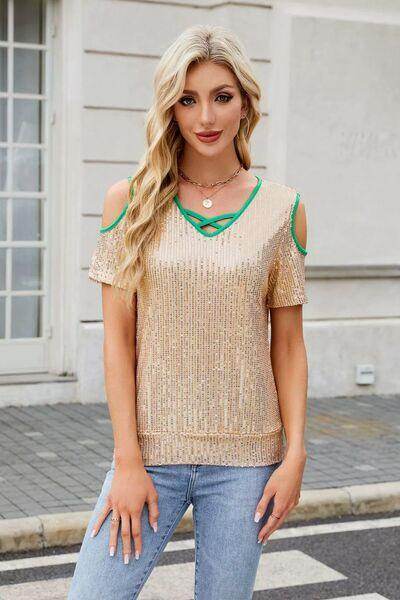 Sequin Crisscross V-Neck Cold Shoulder Blouse for Women - Selvanelle