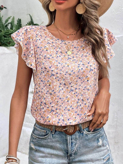 Ditsy Floral Round Neck Cap Sleeve Top for Women - Selvanelle