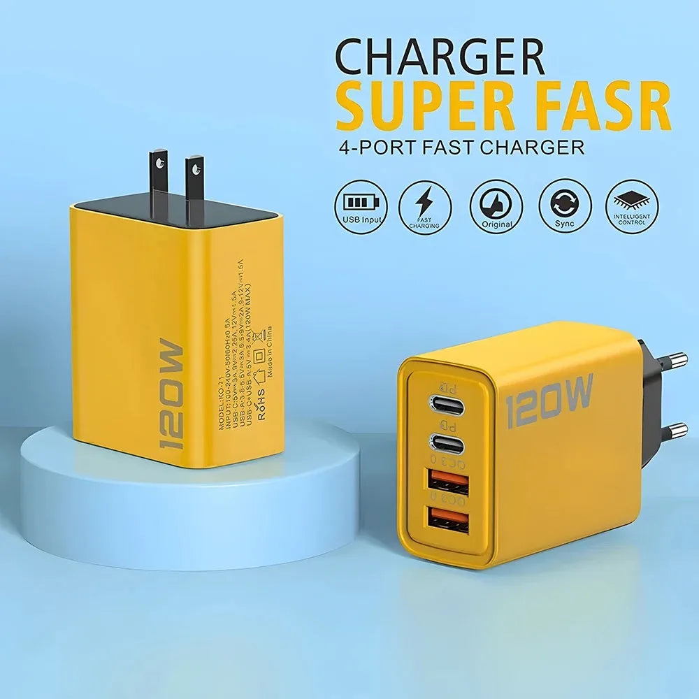 4 Port USB Charger Total 120W Fast Charging EU/US/UK Plug Wall Charger Mobile Phone Power Adapter For Phone Charge Type C Cable