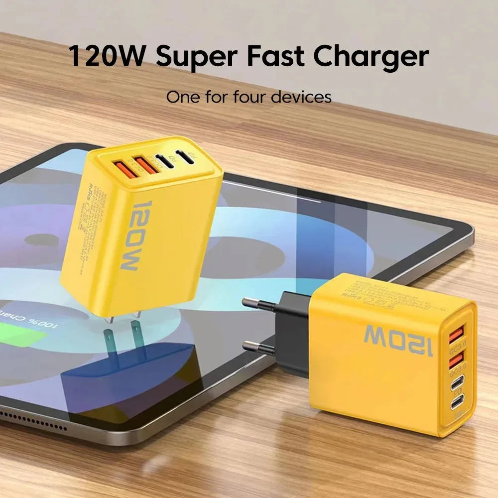 4 Port USB Charger Total 120W Fast Charging EU/US/UK Plug Wall Charger Mobile Phone Power Adapter For Phone Charge Type C Cable