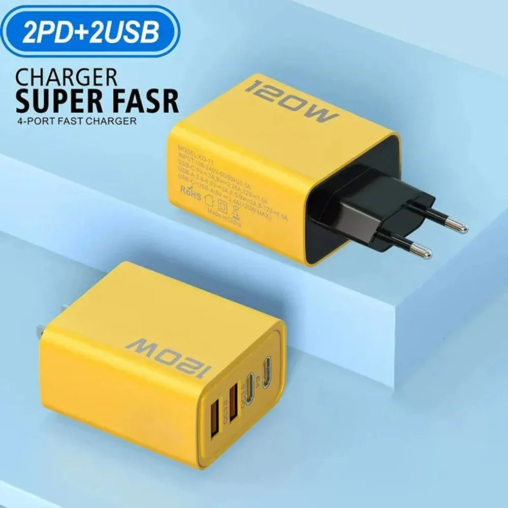 4 Port USB Charger Total 120W Fast Charging EU/US/UK Plug Wall Charger Mobile Phone Power Adapter For Phone Charge Type C Cable