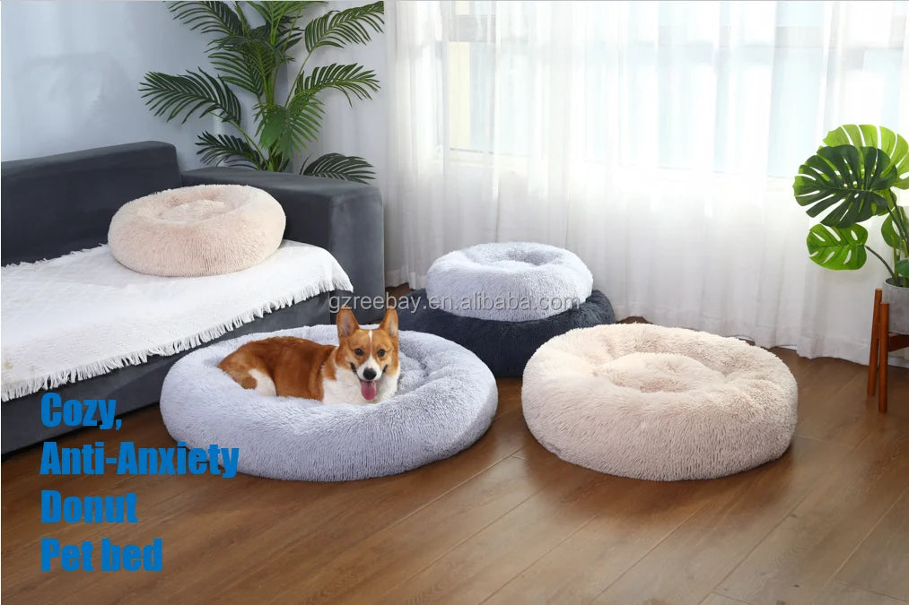 Nice Quality Drop Shipping Cute Animal Fluffy Dog Bed Premium Plush Donut Calming Bed for Pet